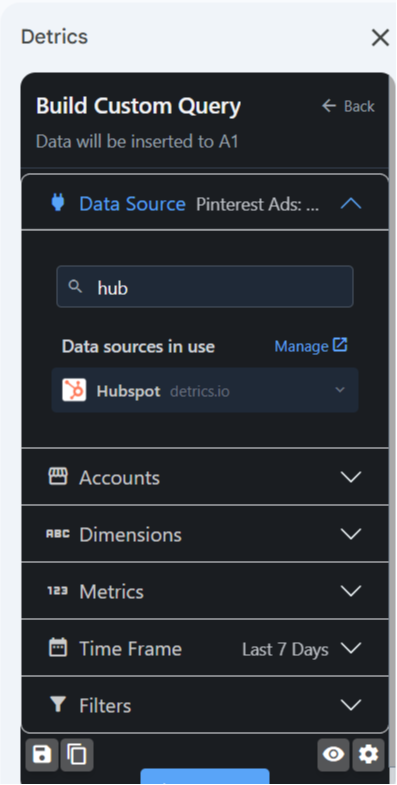 Selecting HubSpot as a Data Source to pull data from to Sheets