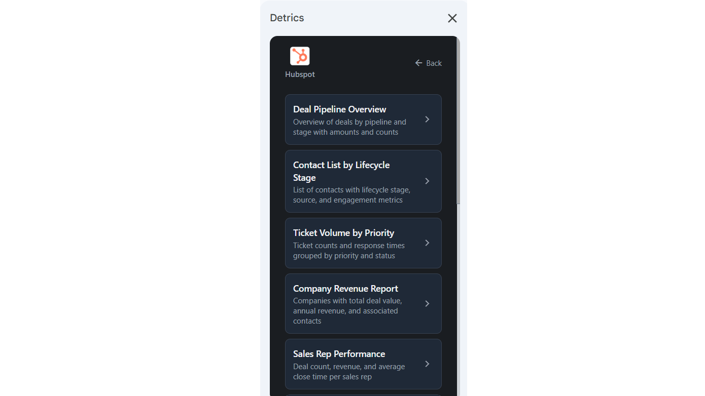 Selection of presets of Hubspot queries