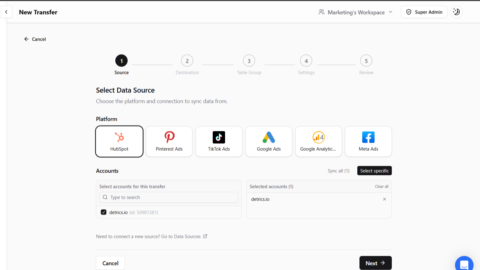 First step of Detric's BigQuery transfer creation with Hubspot available